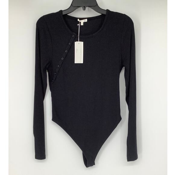 Skin Women's 3 Black Nan Asymmetrical Henley Thong Bodysuit Long Sleeve A12-4 - Picture 3 of 8